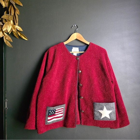 Vtg USA Flag Deep Red Thick Cardigan Sweater Button Women’s XL Hand Embroidered - Picture 2 of 13